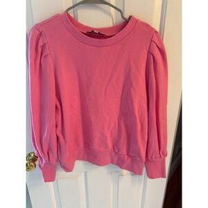 LOFT Pink Puff Sleeve Sweatshirt Womens Large Cotton Pleated Shoulder Crew Neck